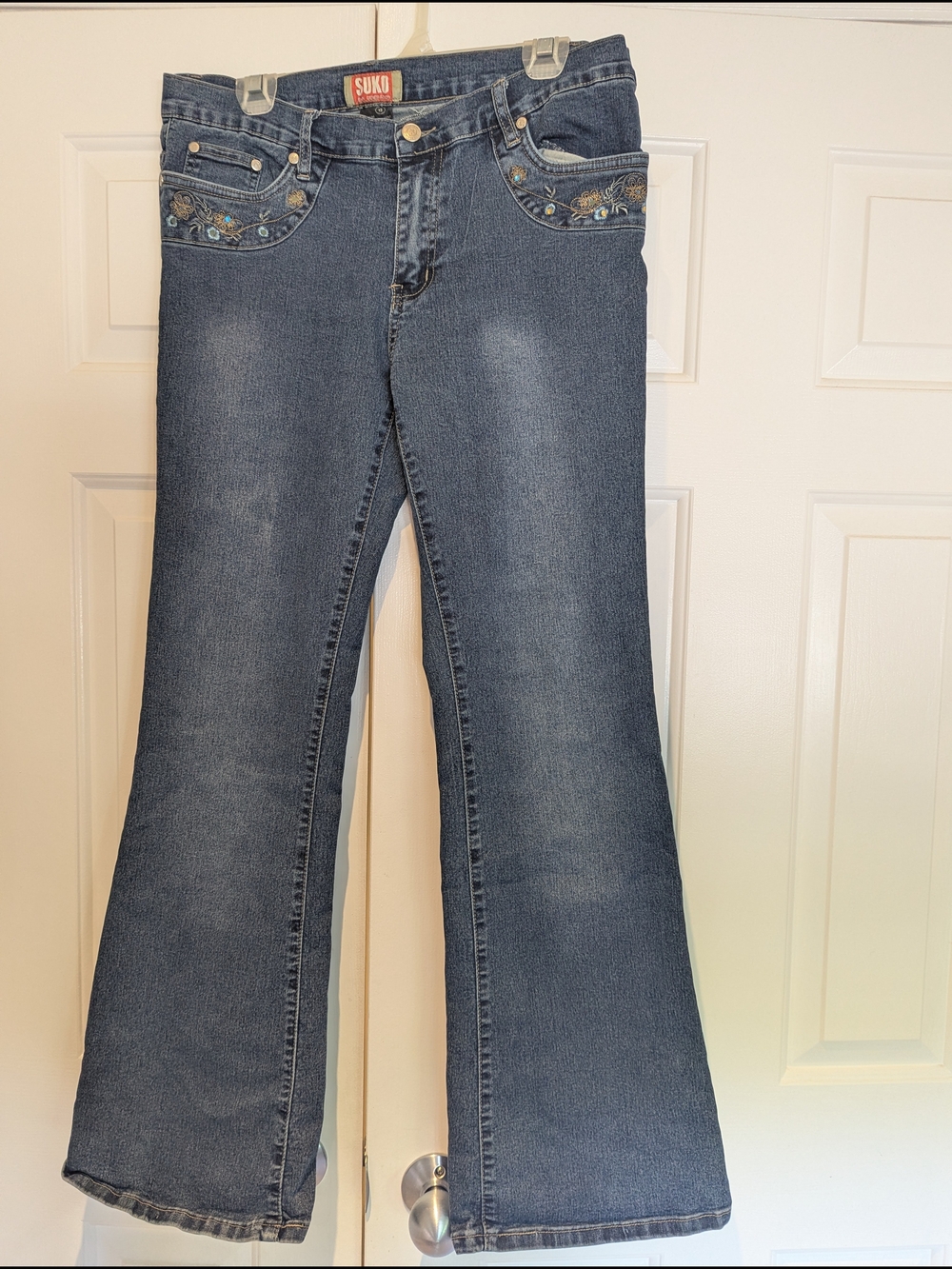 Vintage SUKO Low Rise Denim Embroidered Beaded Flare Jeans Y2K Fairy Festival